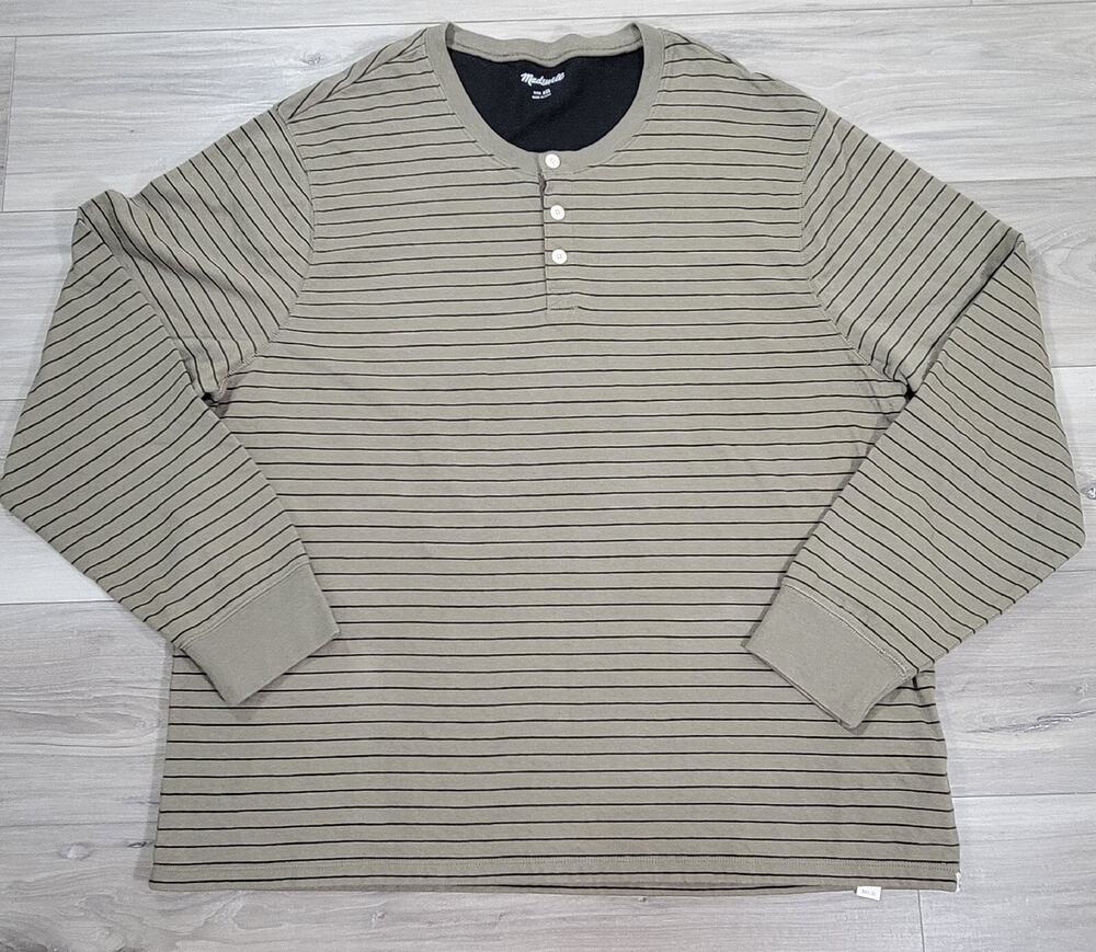Madewell T-Shirt Men's 2XL Olive Green Striped Henley Long Sleeve